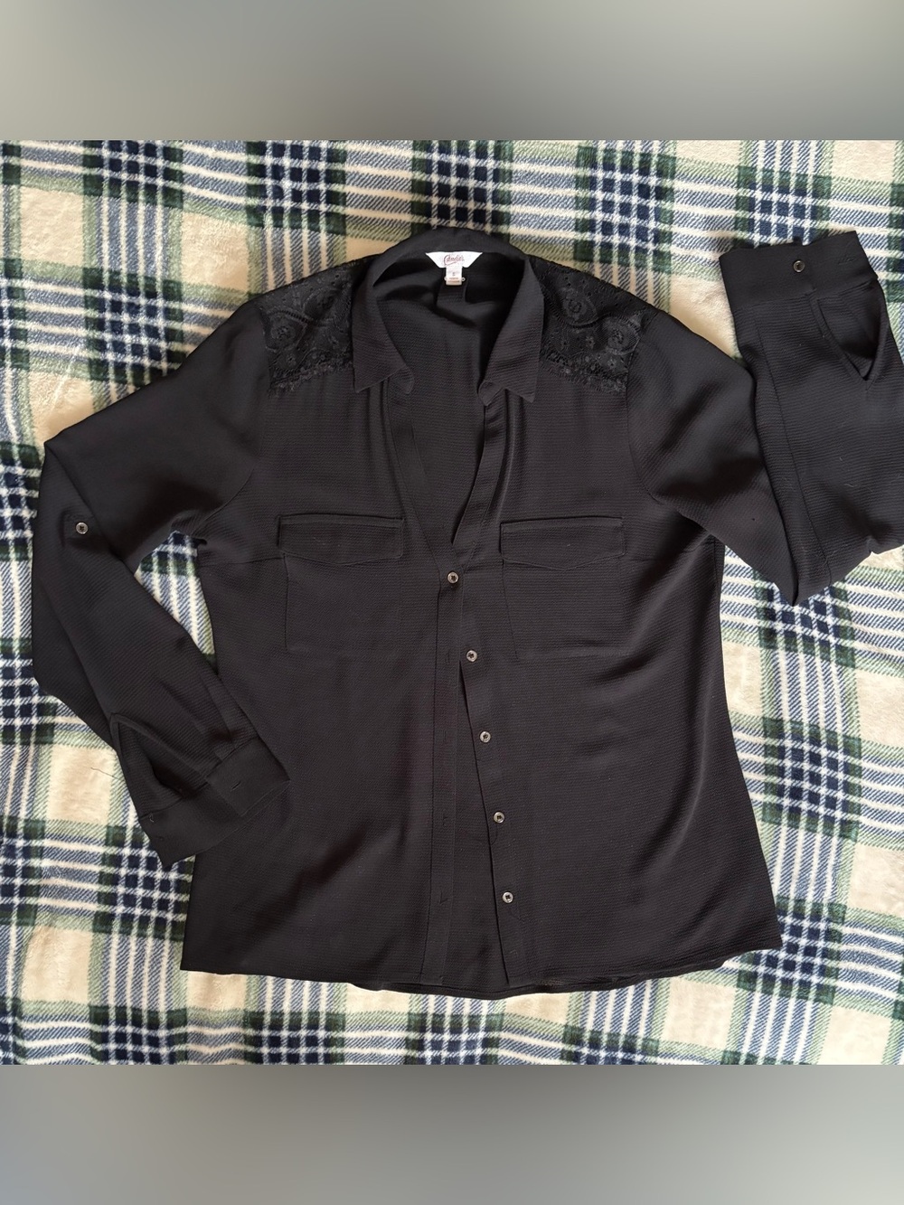 Black Sheer Button Up Blouse with Lace Details